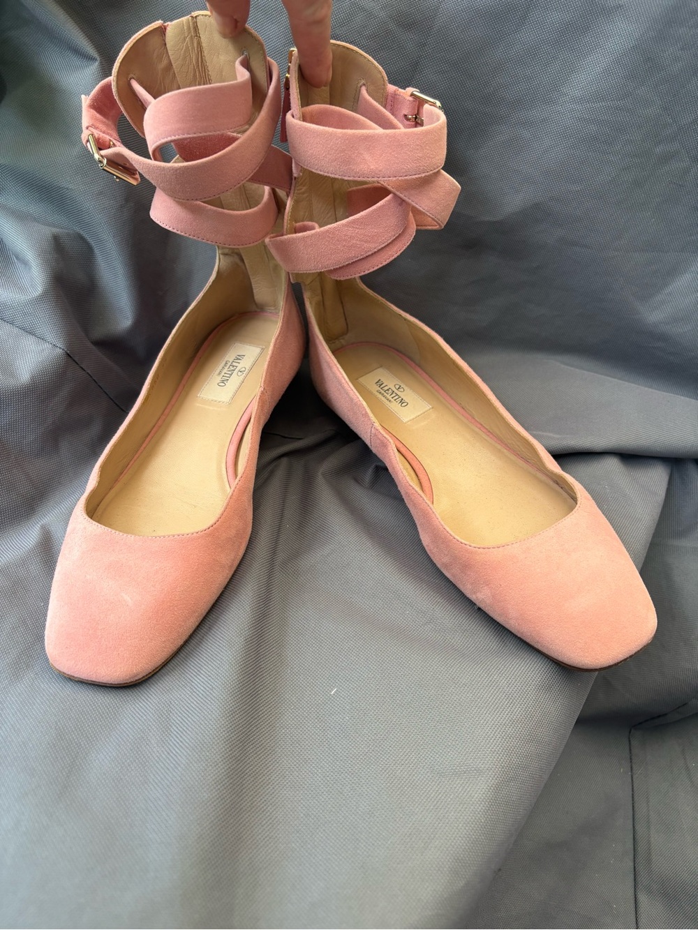 Valentino Garavani Pink Suede Double-Ankle Strap Flats